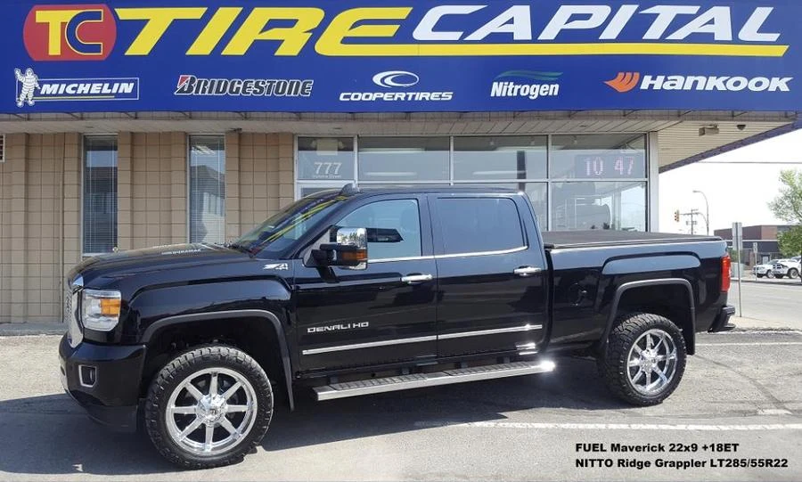 Black GMC Denali HD pickup at Tire Capital in Prince George. Fitted: FUEL Maverick 22x9 +18ET; NITTO Ridge Grappler LT285/55R22