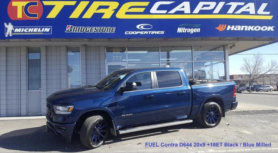 Blue Ram pickup at Tire Capital in Prince George. Fitted: FUEL Contra D644 20x9 +18ET Black / Blue Milled