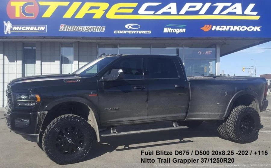 Black Ram dually pickup at Tire Capital in Prince George. Fitted: Fuel Blitze D675 / D500 20x8.25 -202 / +115; Nitto Trail Grappler 37/1250R20