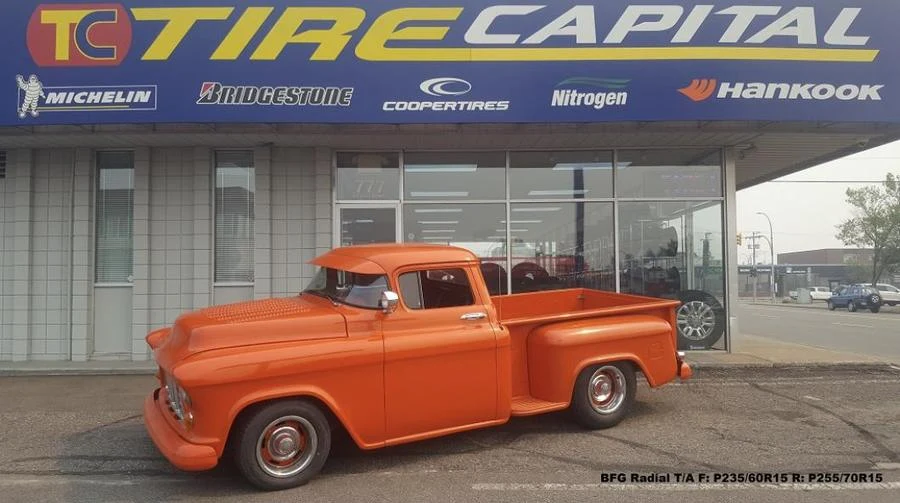 Orange classic pickup at Tire Capital in Prince George. Fitted: BFG Radial T/A F: P235/60R15 R: P255/70R15