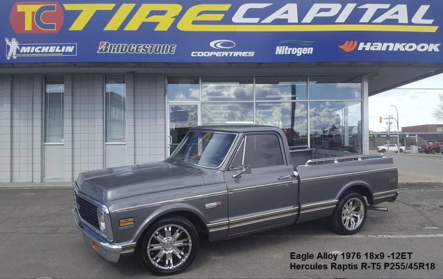 Grey classic pickup at Tire Capital in Prince George. Fitted: Eagle Alloy 1976 18x9 -12ET; Hercules Raptis R-T5 P255/45R18